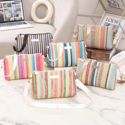 Colorful Striped Woven Crossbody Bag with Wide Adjustable Strap