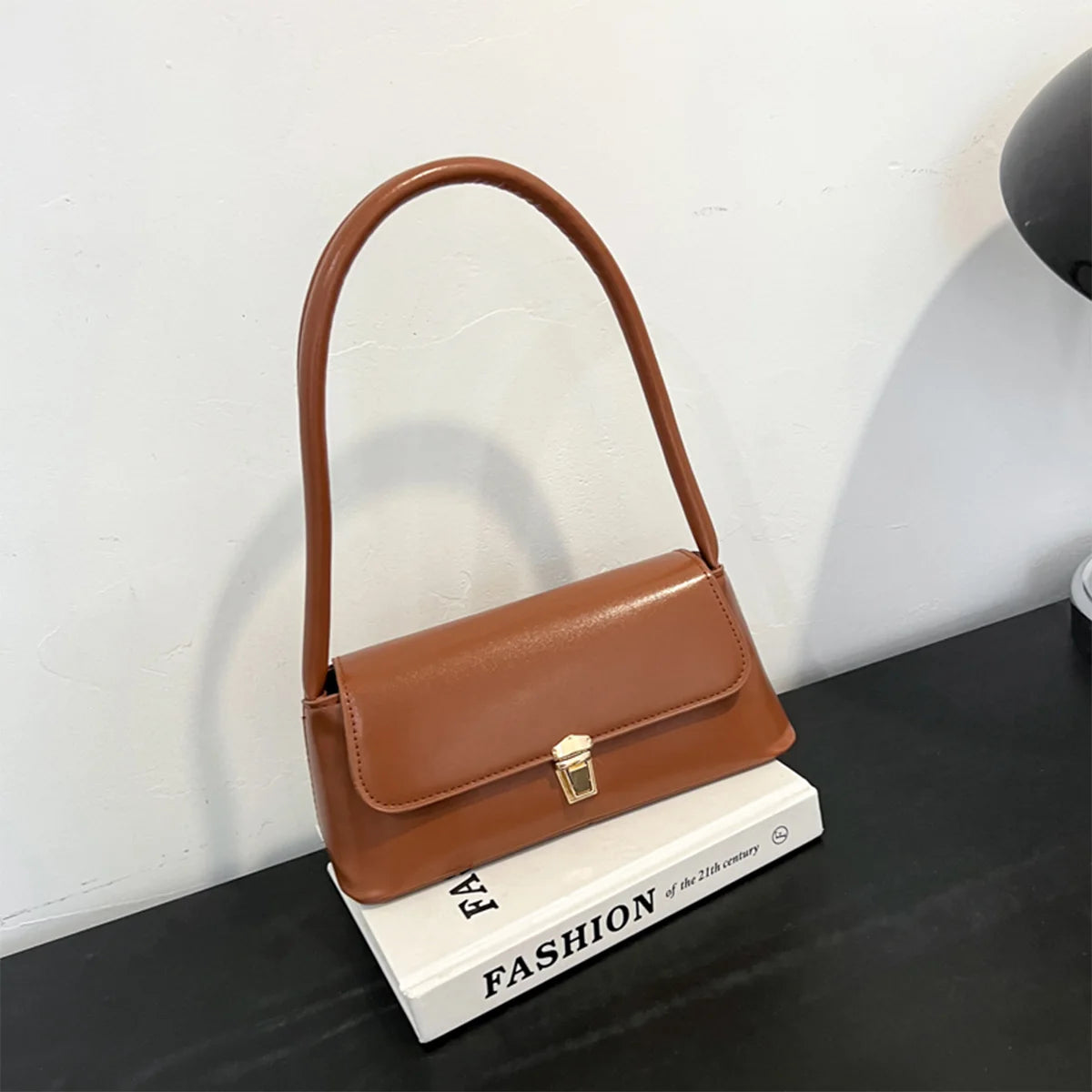 Vintage Glossy Shoulder Bag Leather Texture Gold Buckle Lightweight Large Capacity Pu Water