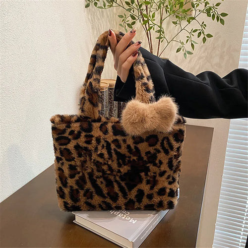 Leopard Print Plush Handbag Soft Fluffy Tote Bag Stylish Shoulder Bags Women Daily Use Friends