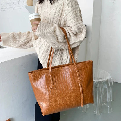 Large Capacity Tote Bag for Women – Croc-Embossed Shoulder Handbag