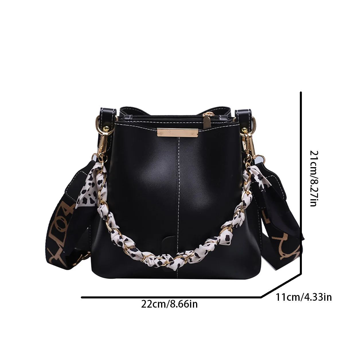 Women Bucket Bag Solid Color Pu Silk Scarf Chain Handbag Large Capacity Adjustable Strap Crossbody