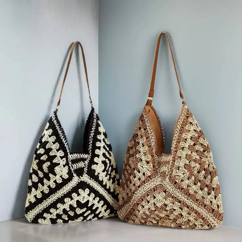 Crochet Straw Tote Bag for Women – Boho Woven Shoulder Handbag
