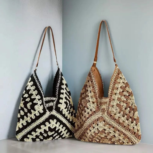 Crochet Straw Tote Bag for Women – Boho Woven Shoulder Handbag