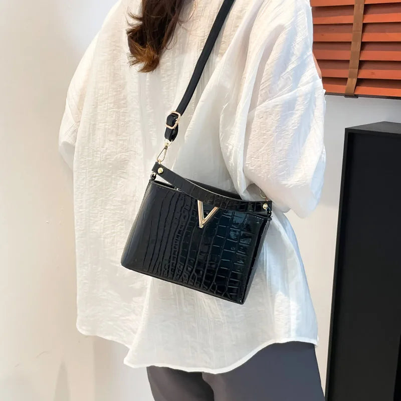 Mini Croc-Embossed PU Leather Handbag with V-Lock