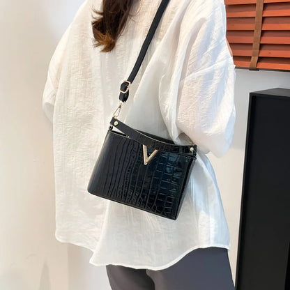 Mini Croc-Embossed PU Leather Handbag with V-Lock