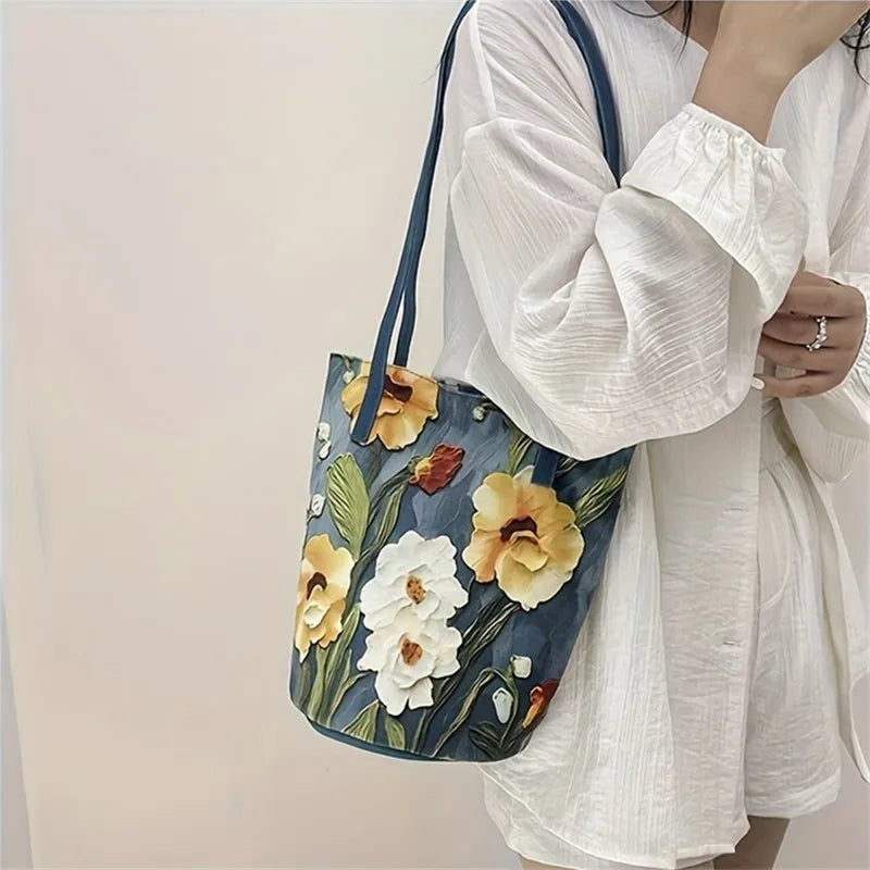 Floral Oil Painting Bucket Bag – Women's Shoulder & Crossbody Tote