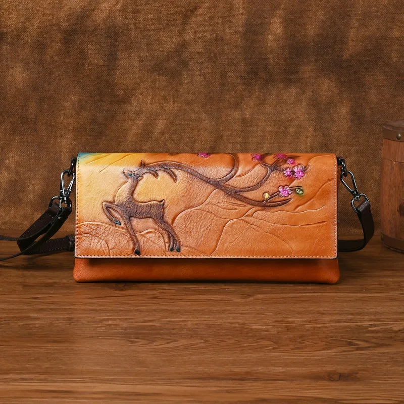 Top Layer Cowhide Crossbody Bag Retro Embossed Colored Retro Style Functional Single-Shoulder Bag