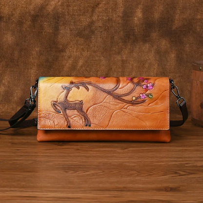 Top Layer Cowhide Crossbody Bag Retro Embossed Colored Retro Style Functional Single-Shoulder Bag