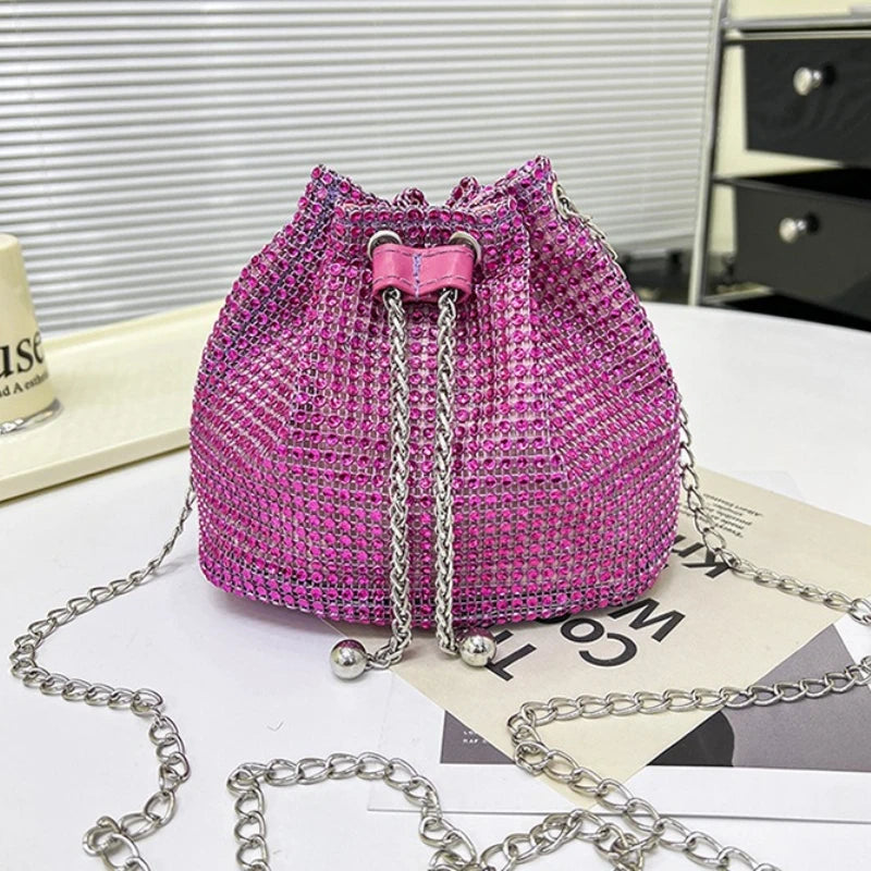 Gold Rhinestone Large Capacity Tote Bag Sparkly Drawstring Crossbody Purse Gold Chain Strap Party