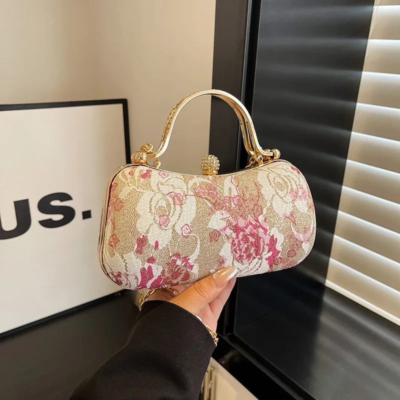 Floral Tapestry Box Clutch Bag with Gold-Tone Hardware & Detachable Chain