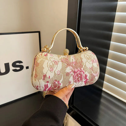 Floral Tapestry Box Clutch Bag with Gold-Tone Hardware & Detachable Chain