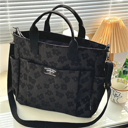 Floral Print Canvas Tote Bag Multi Pocket Design Detachable Wide