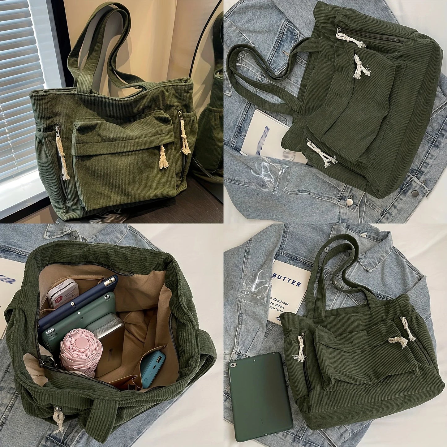 Corduroy Tote Bag Multiple Pockets Casual Chic Handbag Women Shoulder Bags Woman Perfect Shopping