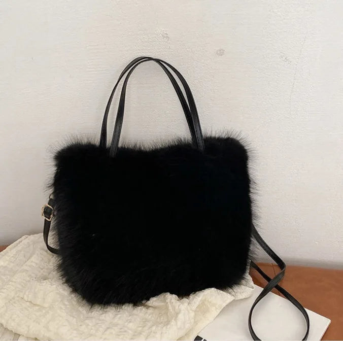 Faux Fur Handbag with Detachable Strap - Plush Tote Bag