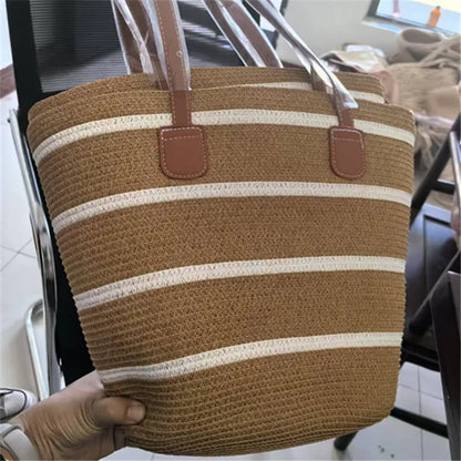 Summer Beach Casual Handbag Shoulder Bag Women Striped Straw Tote Bags Leather Handles