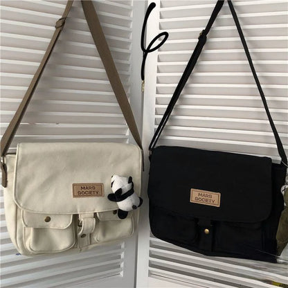 Canvas Crossbody Messenger Bag with Cute Bear Charm for Women