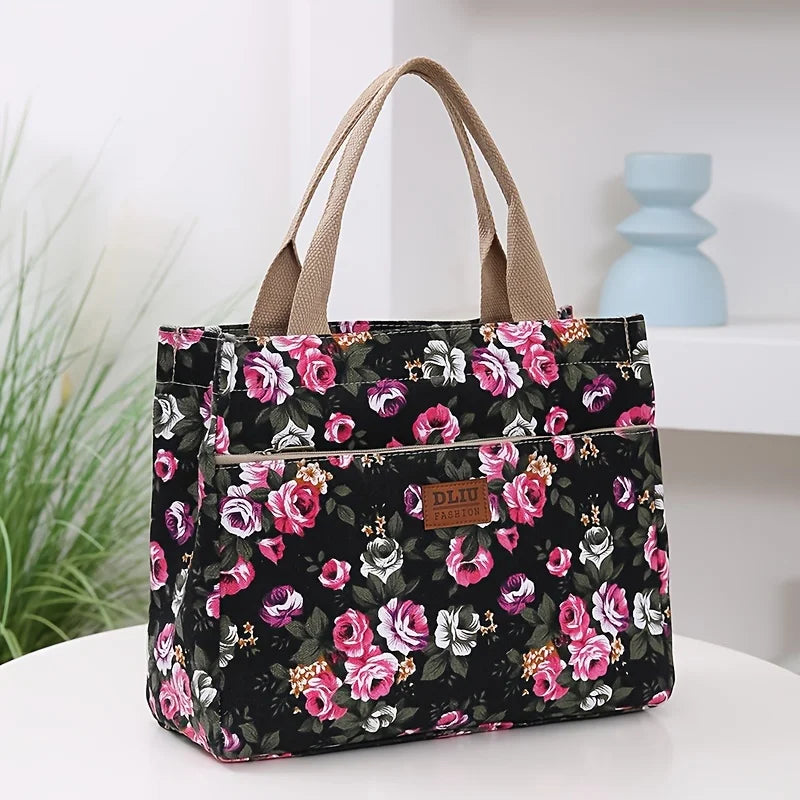 Floral Print Tote Bag Portable Canvas Lunch Bag Women S Casual Handbag Picnic Travel Designer Bags