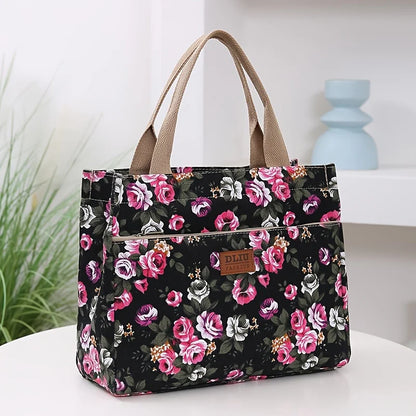 Floral Print Tote Bag Portable Canvas Lunch Bag Women S Casual Handbag Picnic Travel Designer Bags