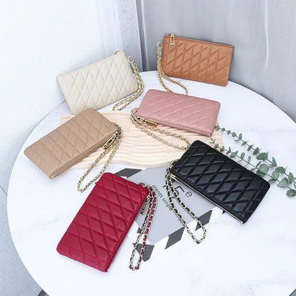 Leather Clutch Bag Women S Diamond Check Embroidered Long Wallet Multi-Functional Mobile Phone
