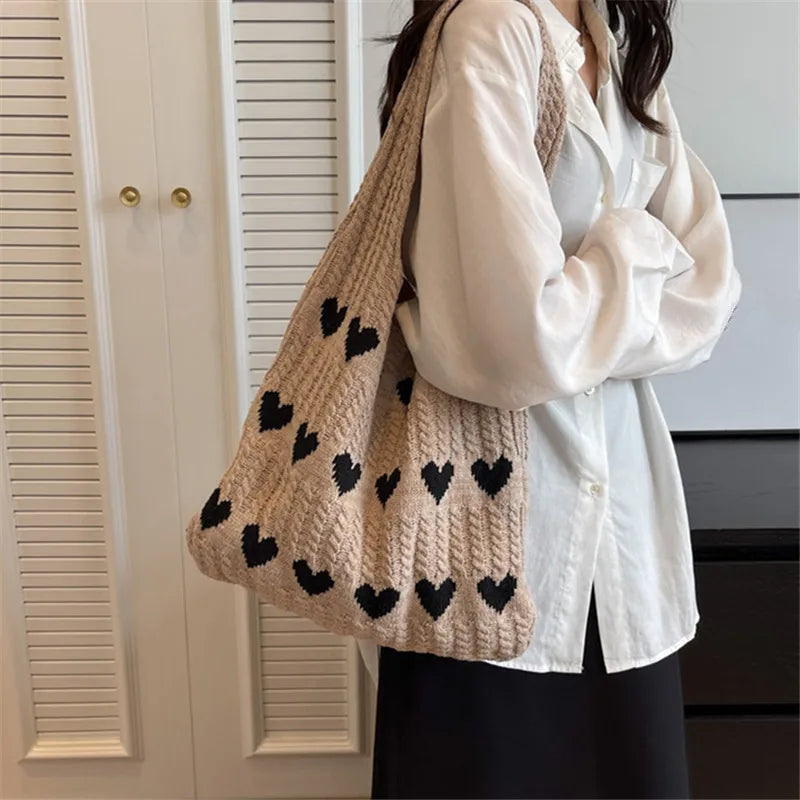 Knitted Heart Tote Bag – Women's Handmade Shoulder Bag