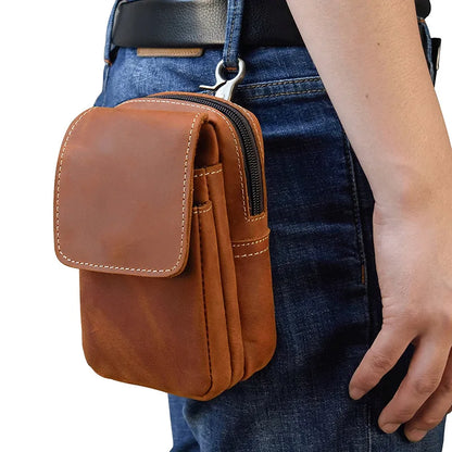 Men S Retro Genuine Leather Waist Bag Crazy Horse Leather Double-Layer Belt Hanging Bag