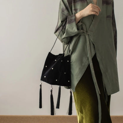 Black Velvet Shoulder Bags Women Vintage Tassel Creativity Pearl Stylish Bucket Tote Bag Elegant
