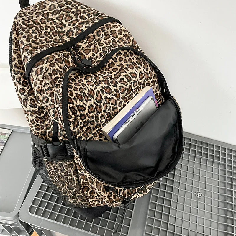 Leopard Print Backpack – Large Capacity School Bookbag with Side Mesh Pockets