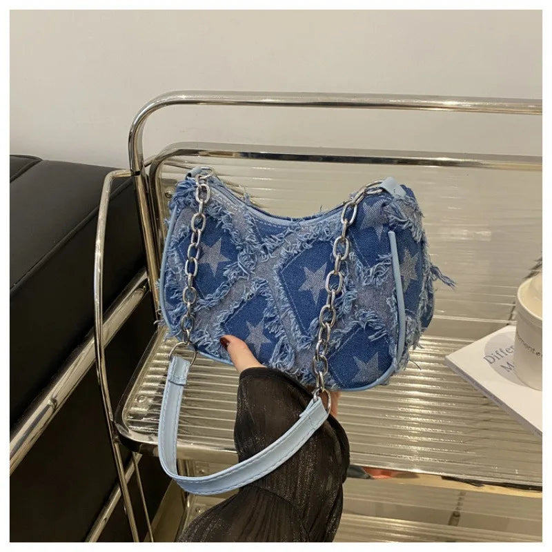 Checkered Denim Shoulder Bag – Y2K Chain Strap Hobo