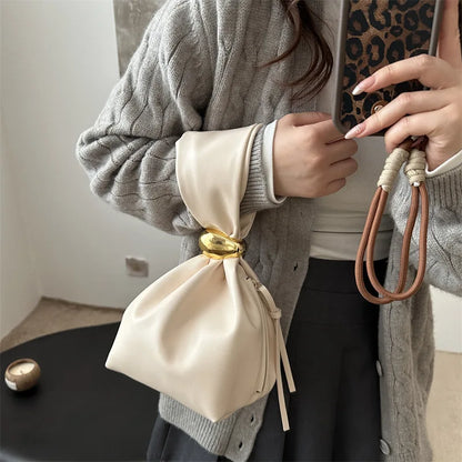 Drawstring Cloud Tote Bag with Gold Metal Buckle for Women