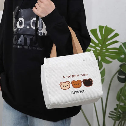 Corduroy Embroidered Bear Tote Bag Stylish Cosmetic Storage Handbag