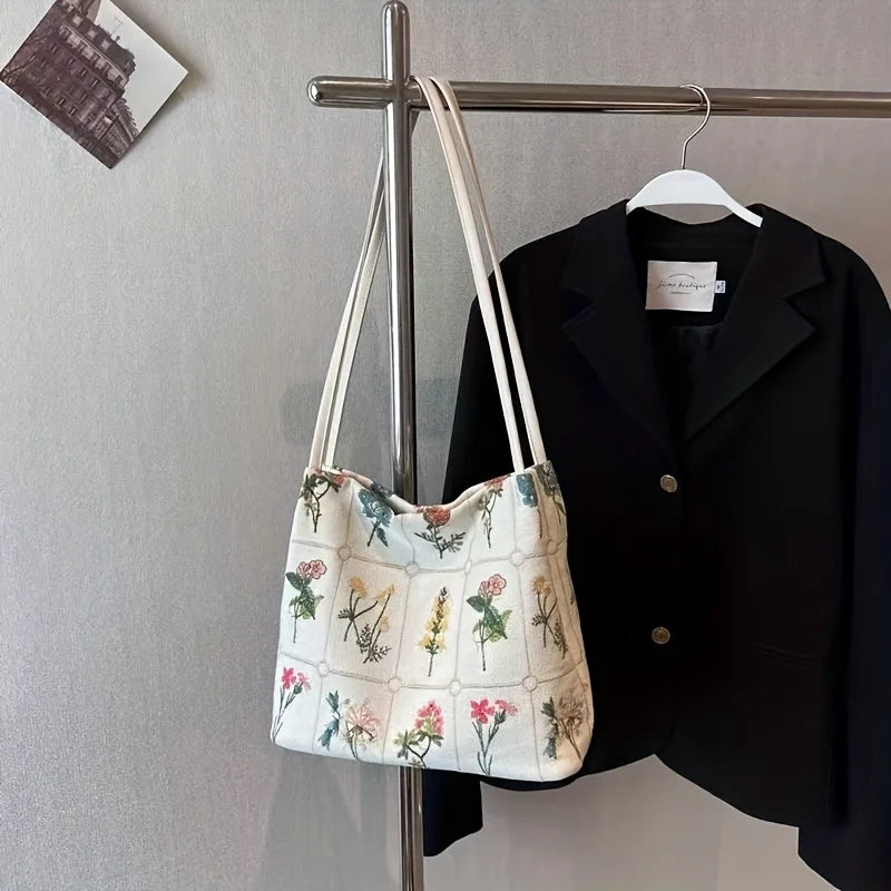 Floral Embroidery Corduroy Tote Bag – Large Capacity Shoulder Purse