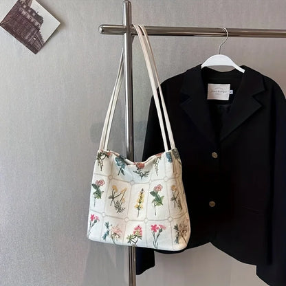 Floral Embroidery Corduroy Tote Bag – Large Capacity Shoulder Purse
