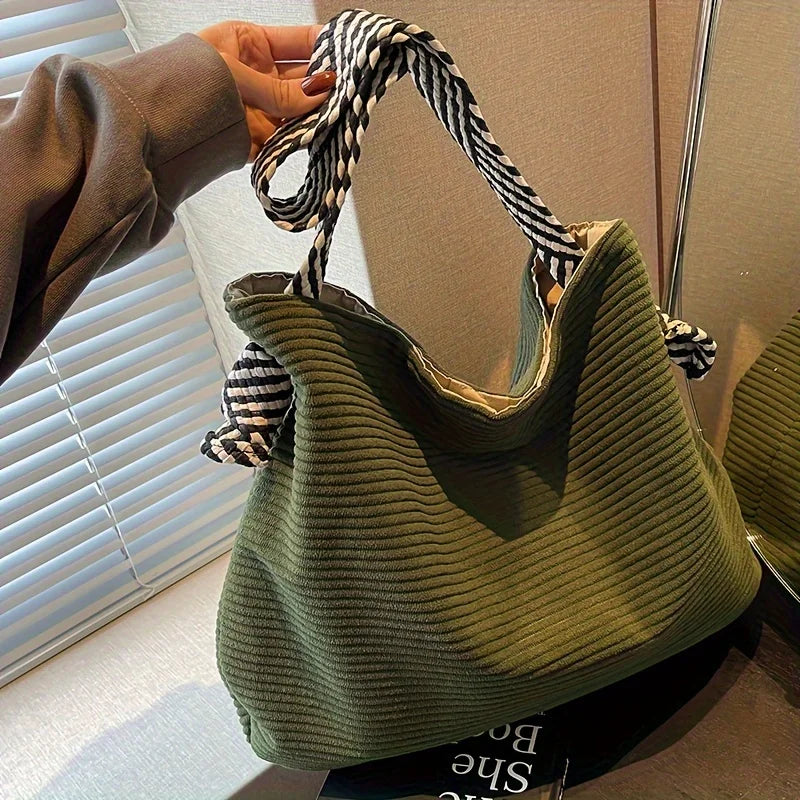 Women's Corduroy Tote Bag – Casual Shoulder Handbag with Striped Handles