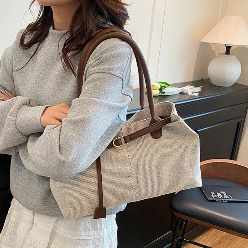 Linen Tote Bag with Leather Handles & Buckle Detail
