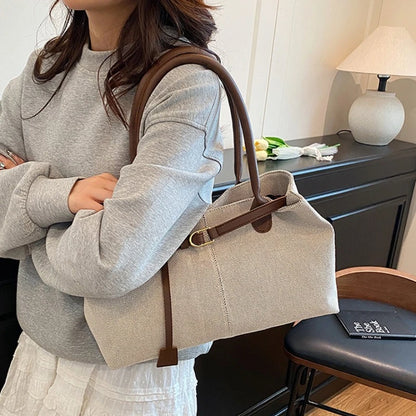 Linen Tote Bag with Leather Handles & Buckle Detail