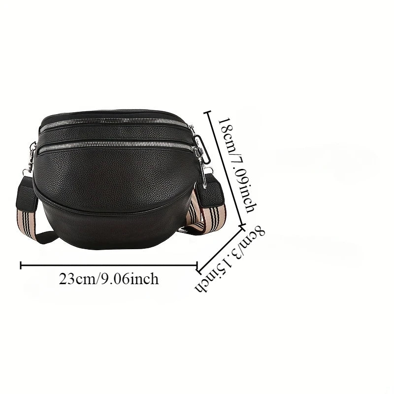 Double Zipper Fanny Pack Daily Commuting Wide Shoulder Strap Leather Bag