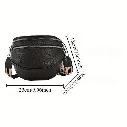 Double Zipper Fanny Pack Daily Commuting Wide Shoulder Strap Leather Bag
