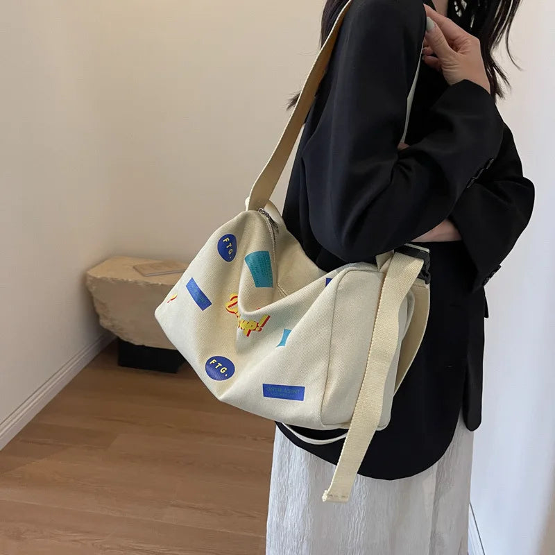Canvas Tote Bag – Large Capacity Graffiti Print Shoulder Handbag
