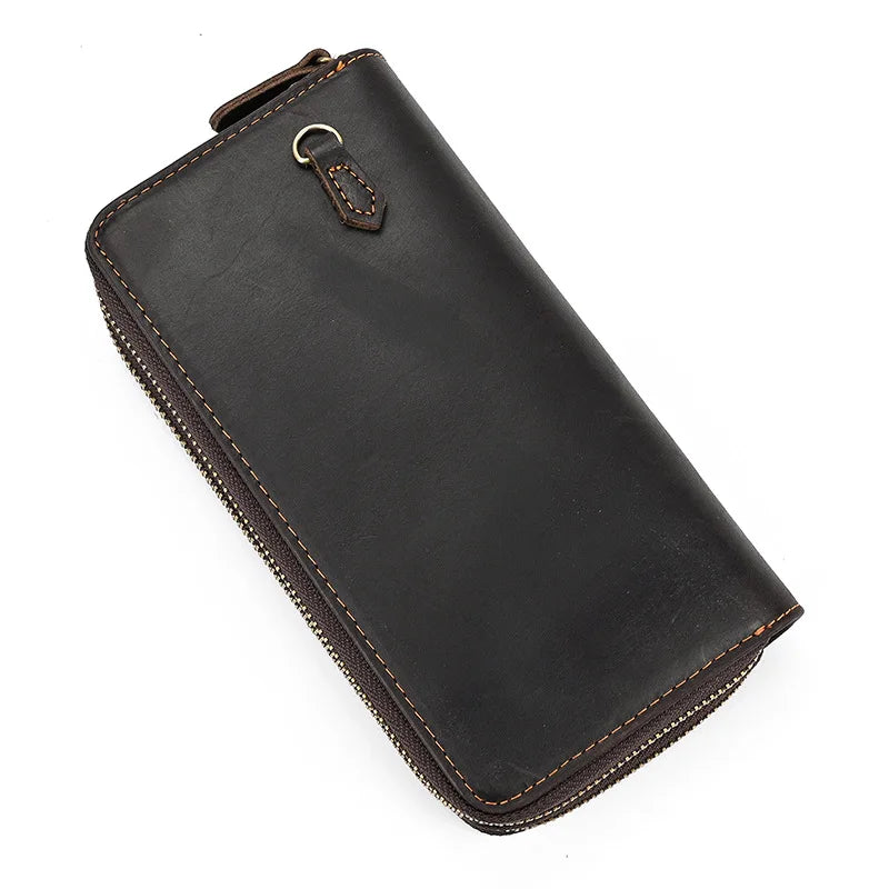 Men S Real Leather Long Wallet Crazy Horse Double Zipper Cowhinleather Hand Holding Extra Large