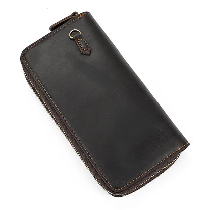 Men S Real Leather Long Wallet Crazy Horse Double Zipper Cowhinleather Hand Holding Extra Large