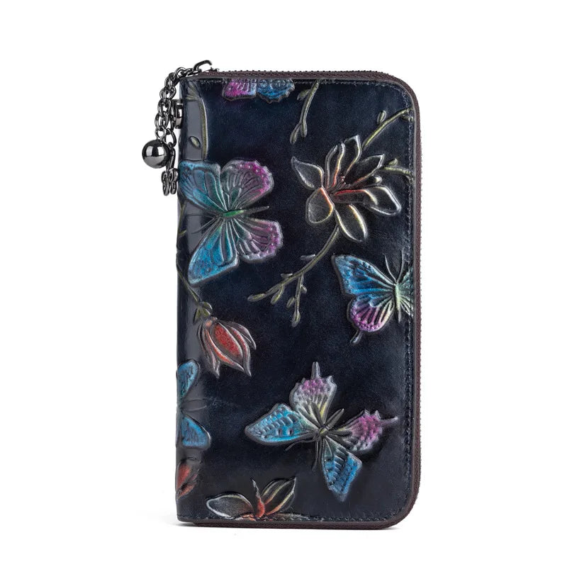 First Layer Cowhine Female Chinese Wind Pressure Flower Wipe Color Long Retro Large Capacity Mobile