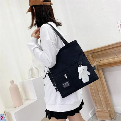 Cute Canvas Tote Bag Bear Pendant Stylish Bucket Crossbody Bag