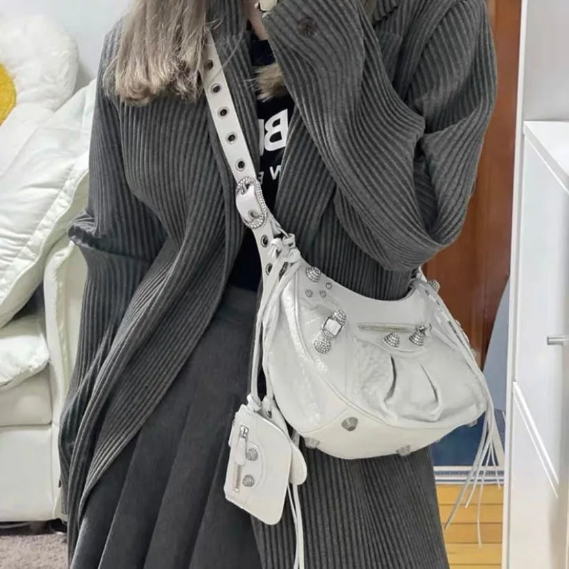 Motorcycle Bag Underarm Rivet Tassel Three-In-One Crescent Folded Cowhide Single Shoulder Slant