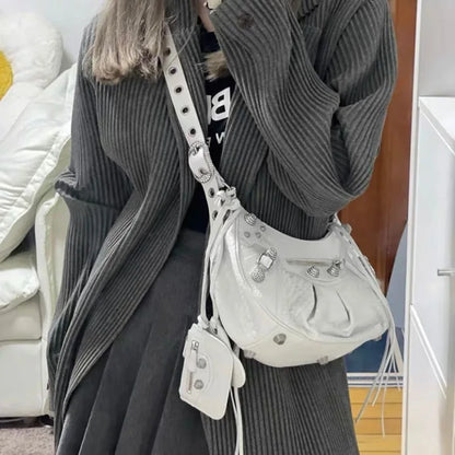 Motorcycle Bag Underarm Rivet Tassel Three-In-One Crescent Folded Cowhide Single Shoulder Slant