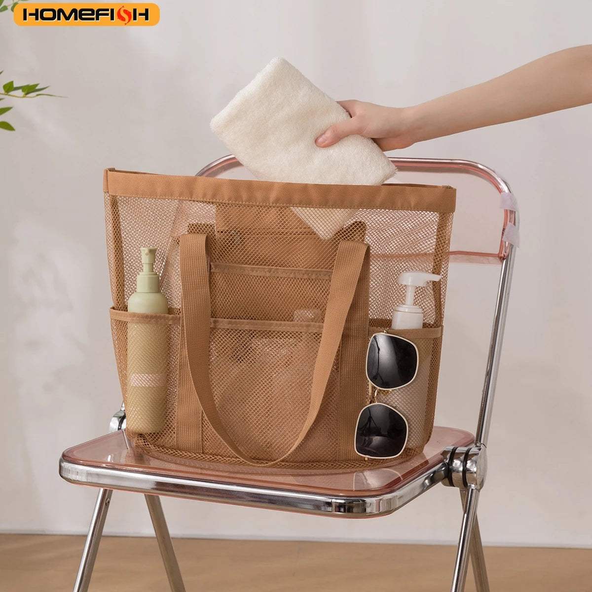 Homefish Durable Mesh Beach Tote Bag Multipocket Waterproof Beach Bag Underwear Pocket Summer Towels