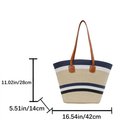 Vacation Beach Women Handbag Vibrant Color Stripe Tote Bag Woven Straw Large Capacity Shoulder