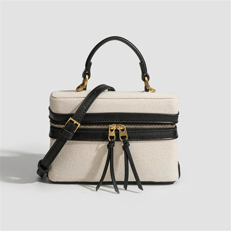 Canvas & Leather Box Bag – Retro Crossbody Tote for Women