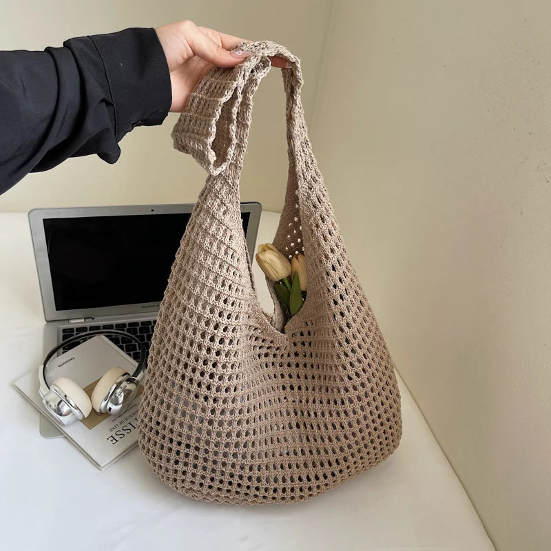 Minimalist Leisure Crochet Shoulder Bag Beach Hollow Women Handbag Solid Color Woven Totes Summer
