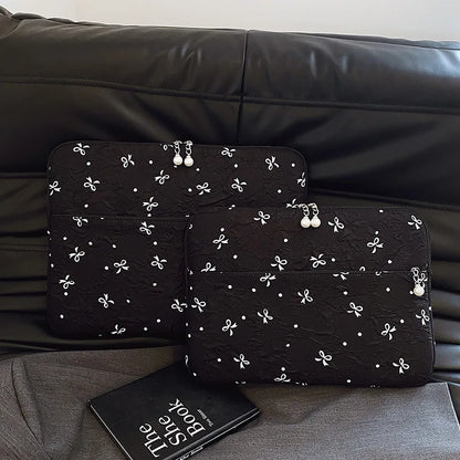 Minimalist Casual Crinkle Bow Laptop Bag Pearl Zipper Oxford Briefcase Soft Shockproof Multi-Size