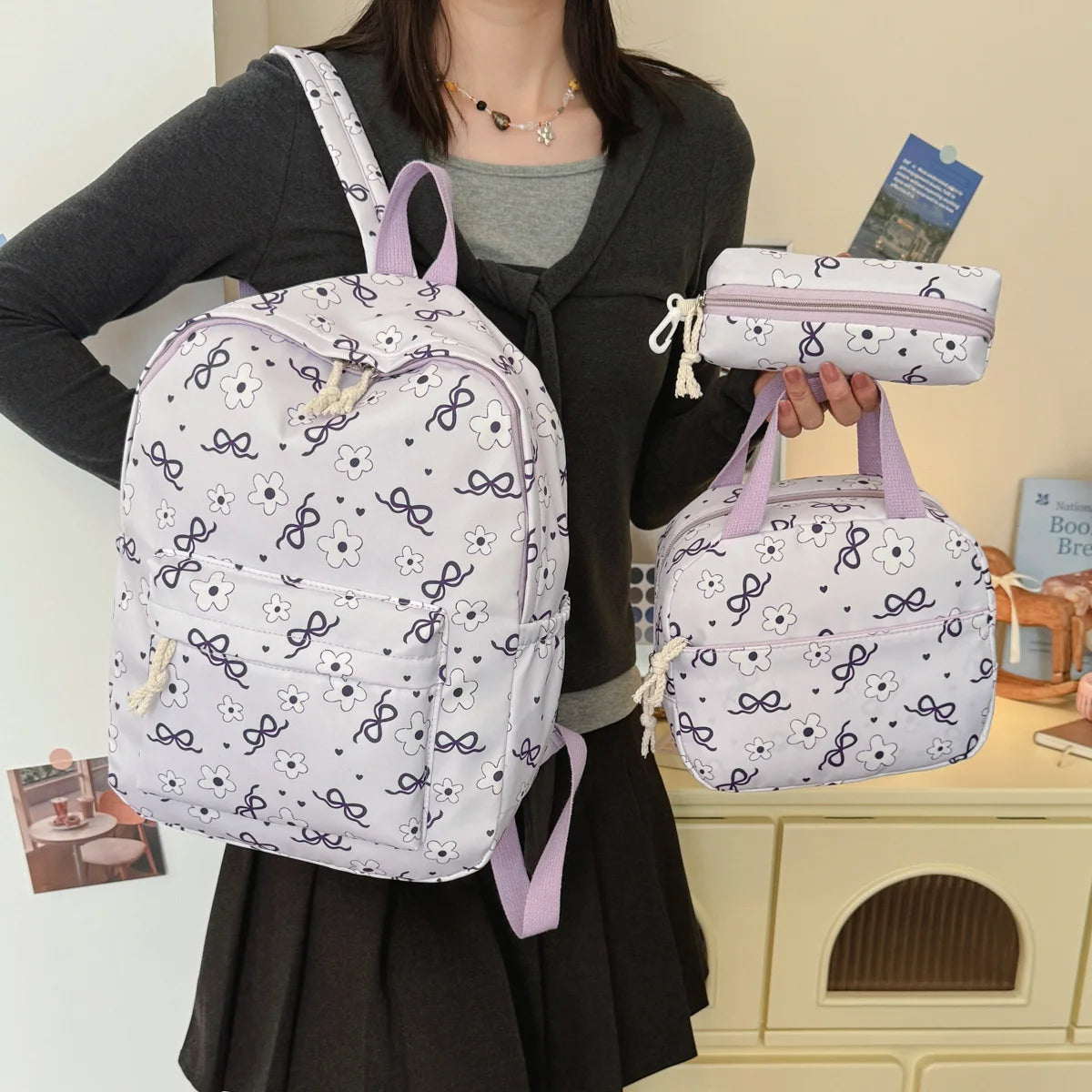 Gentle Cute Butterfly Knot Floral Three Piece Backpack Set Lightweight Large Capacity